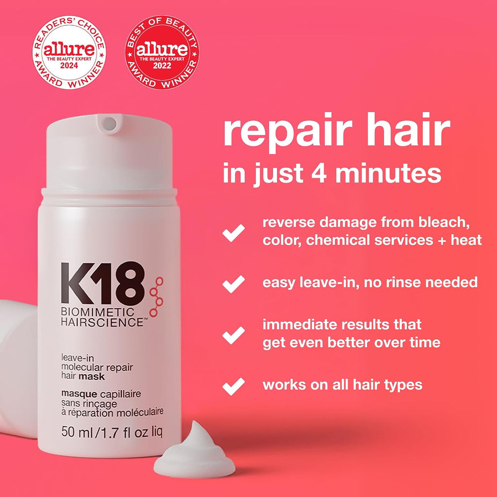 Leave-In Peptide Hair Mask – 4-Minute Treatment for Bleach, Color, Chemical & Heat-Damaged Hair | K18 Molecular Repair