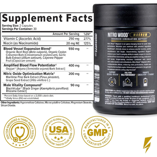 Nitro Wood Magnum - Nitric Oxide Booster for Men - Supports Blood Flow, Circulation & Male Performance - Beet Root & Citrulline Formula for Stamina, Endurance & Size - 60 Veg Capsules, 30 Servings