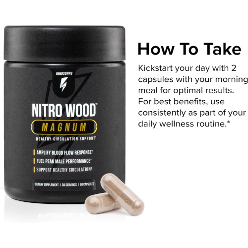 Nitro Wood Magnum - Nitric Oxide Booster for Men - Supports Blood Flow, Circulation & Male Performance - Beet Root & Citrulline Formula for Stamina, Endurance & Size - 60 Veg Capsules, 30 Servings