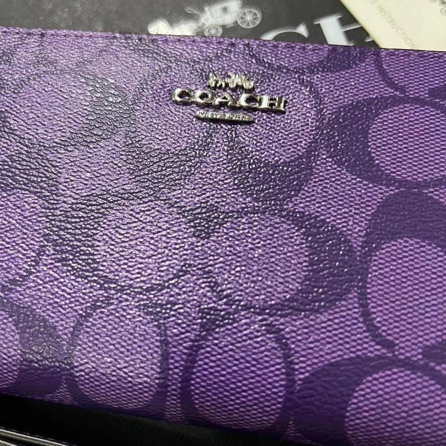 Women's Round Zip Wallet with Strap – Purple Signature Design, Stylish Everyday Card & Cash Organizer | COACH C4452