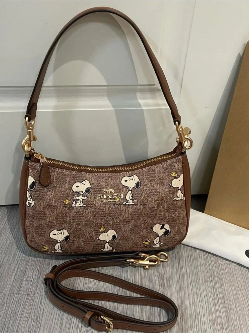 Women's Brown Shoulder Bag – Printed Canvas Everyday Handbag with Adjustable Strap | Coach Teri Snoopy