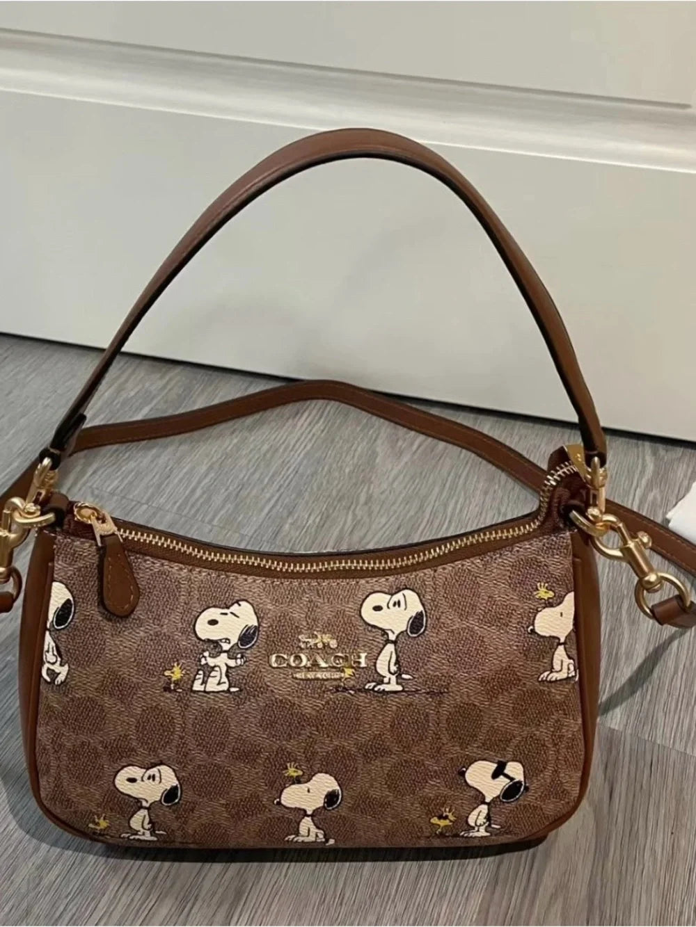 Women's Brown Shoulder Bag – Printed Canvas Everyday Handbag with Adjustable Strap | Coach Teri Snoopy