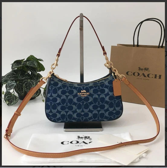 Women's Signature Denim Shoulder Bag – Blue Denim with Vachetta Leather Details, Everyday Crossbody Style | COACH Teri CAF82
